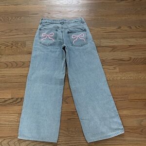 Edikted Denim Low Rise Baggy Jeans with Pink Bows